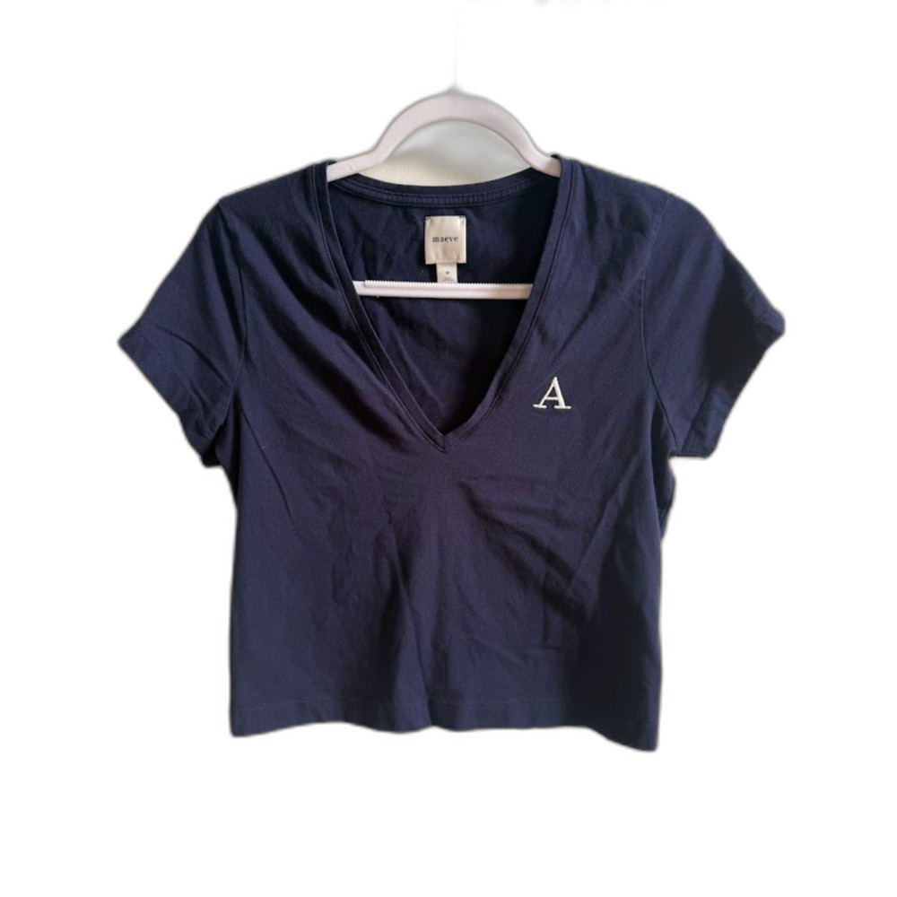 Anthropologie Maeve Monogram Initial A V-Neck Crop Top Navy Blue Size M